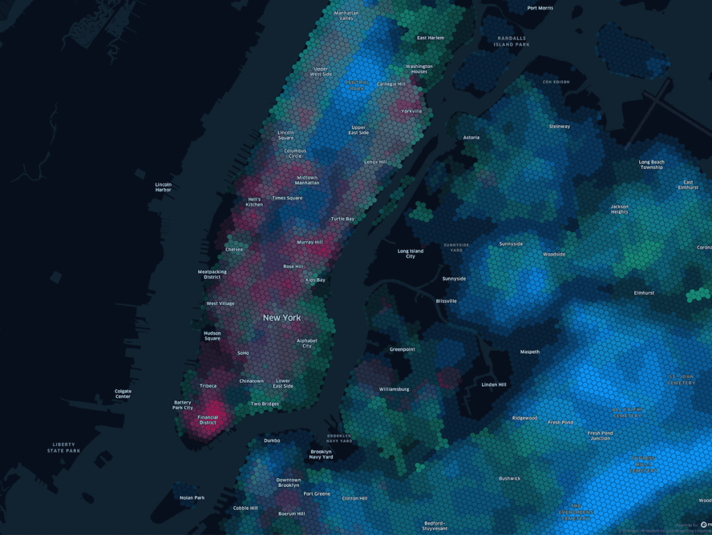 Unfolded’s H3 based data pipeline unifies geospatial datasets, including point-based, DEM and census tract into joinable hexagons. image hexagons