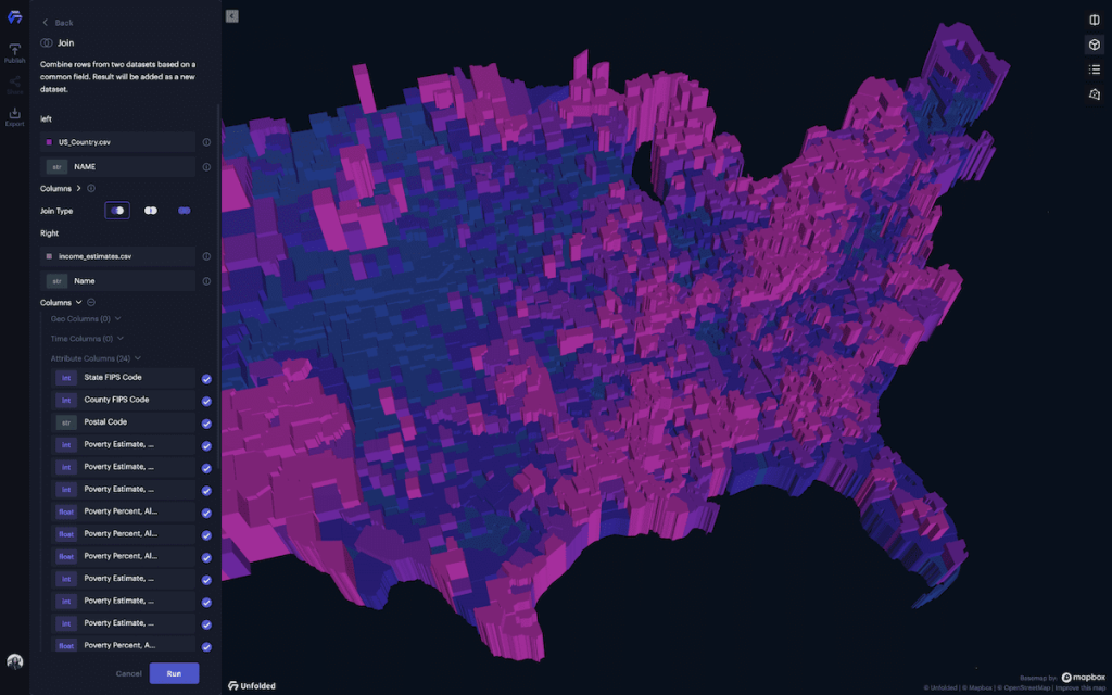 A geospatial join operation being performed in Unfolded Studio. image join