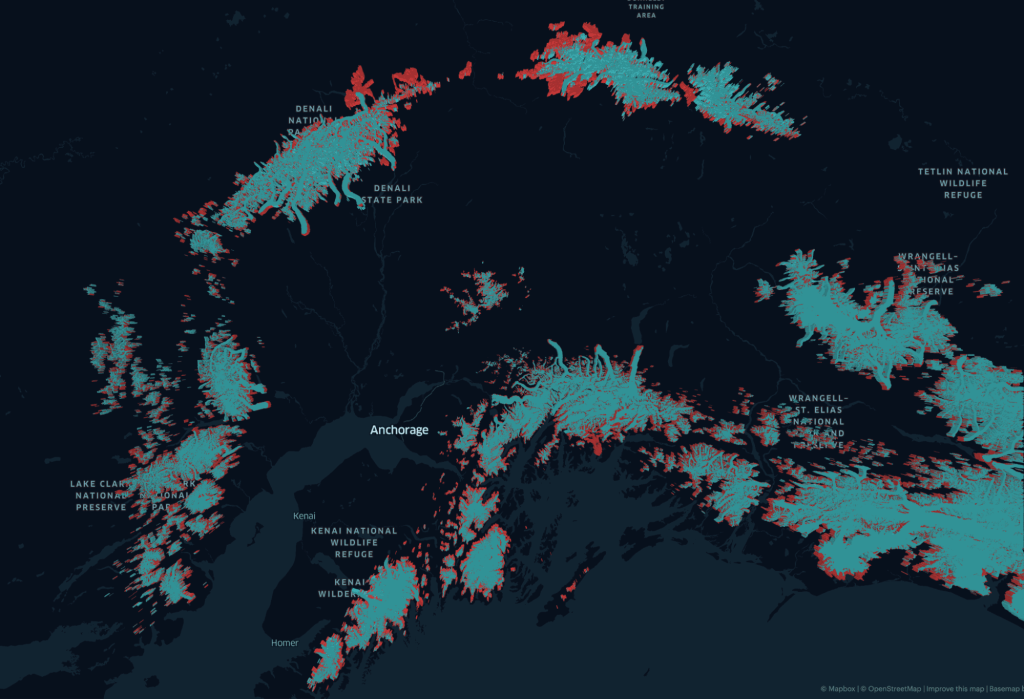 Glacier Loss in Alaska between 1986 to 2020 (Map Credit: Jacob Wasilkowski) Visualizing Climate Change 4