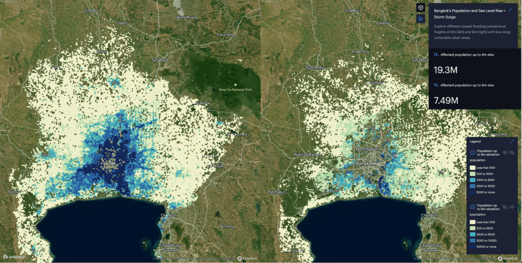 Impacted population in Bangkok with flooding at height of 6m (left) and 9m (right) (Map Credit: Jacob Wasilkowski) Visualizing Climate Change 6